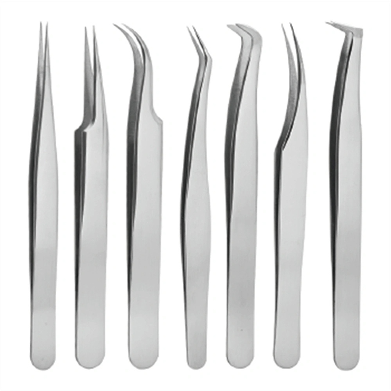 7PCS Silver Mirrored Eyelash Extensions Tweezers Set