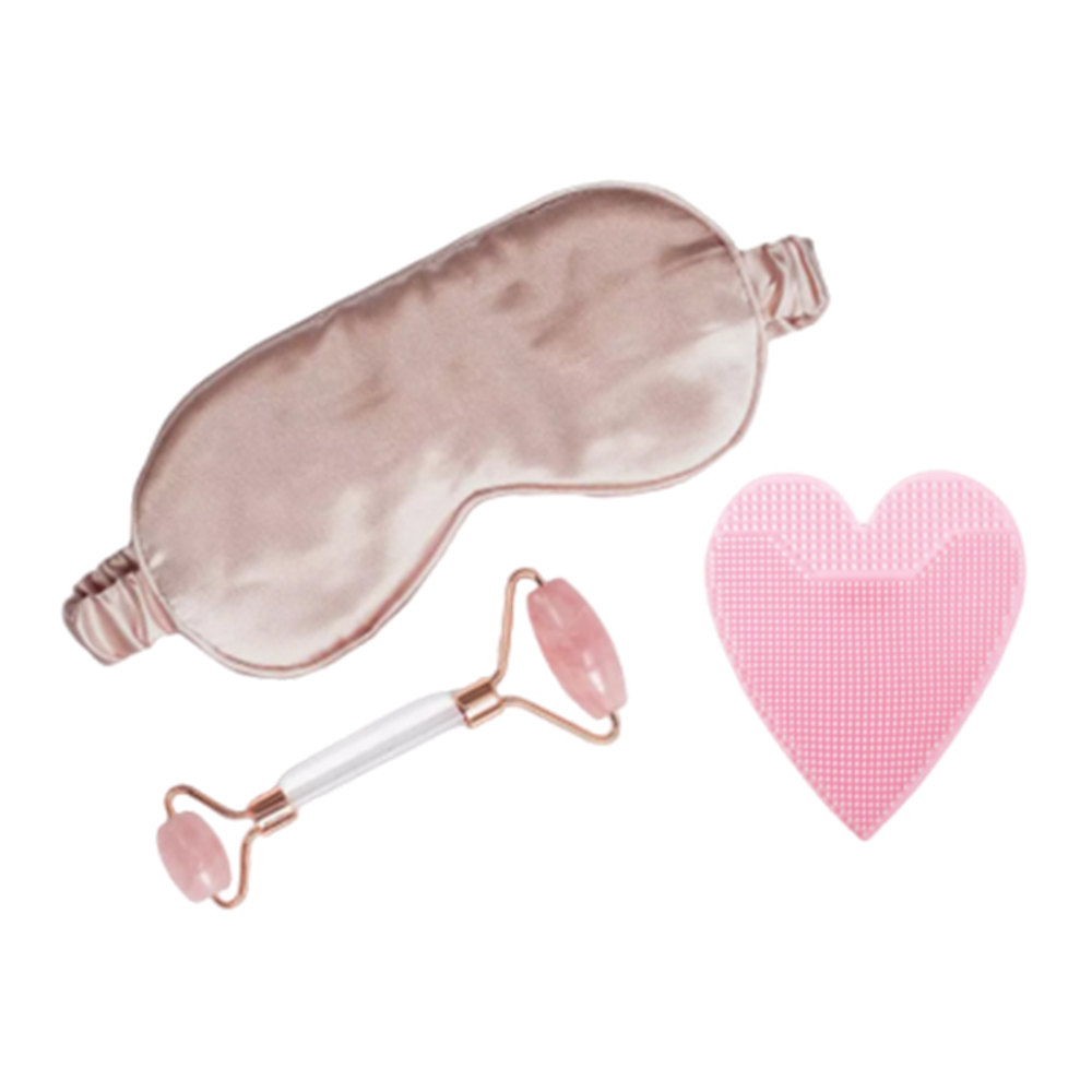 Rose Quartz Facial Roller Gua Sha Set with Silk Eye Mask