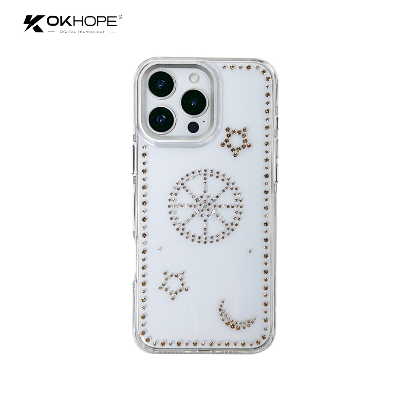 OKHOPE Sunflower Rhinestone Clear PC Phone Case for iPhone 15 Pro for Samsung Star Moon Decor Shockproof Camera Protection