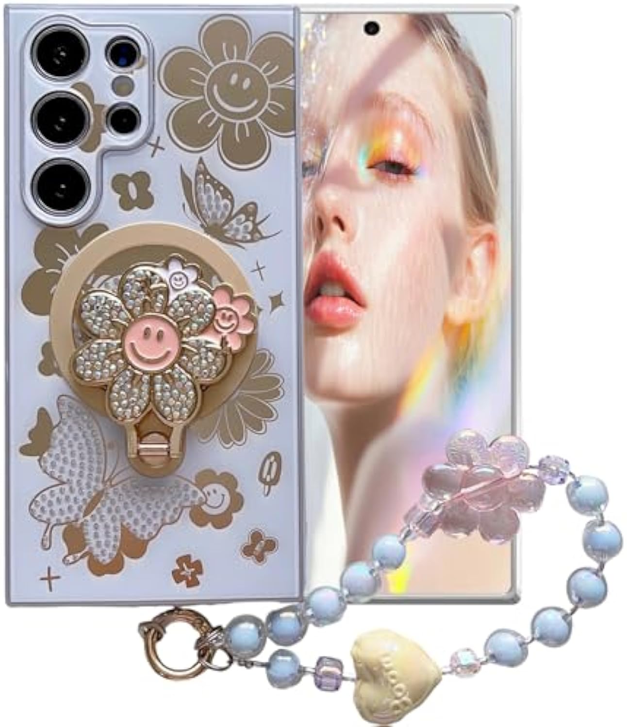 White Diamond Butterfly Flower Bling Sparkle Phone Case for Samsung for Galaxy S25 Ultra Cute Ring Bracelet Design