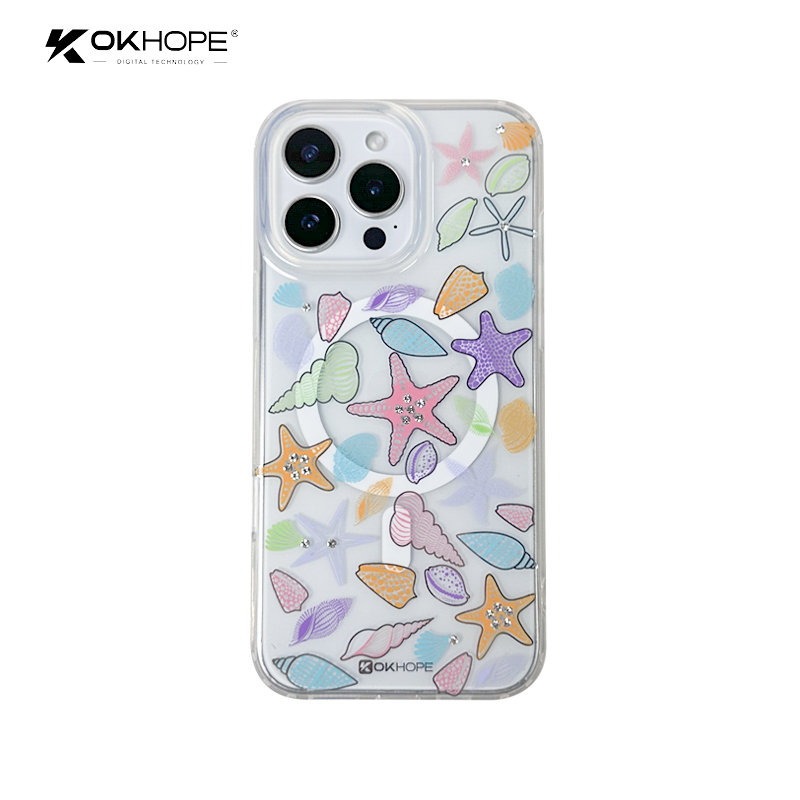 Magnetic Transparent Phone Case with Colorful Seashell & Starfish Design for iPhone 14/15 Series