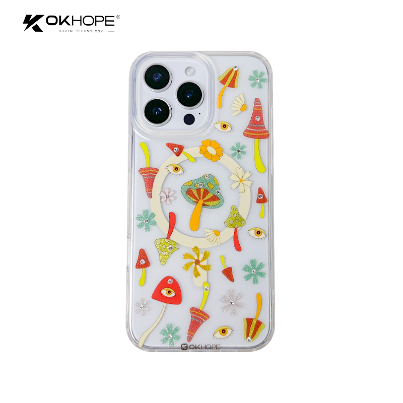 Cute Mushroom Diamond IMD PC Shockproof Back Cover Includes Holster Protective Mobile Phone Case for iPhone for Samsung