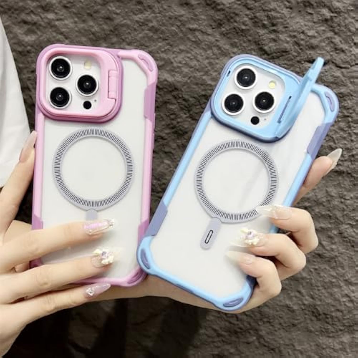 OKHOPE Magnetic Acrylic Clear Phone Case for iPhone 15/14/13 Pro Max/Plus - Blue Transparent Contrast Color Camera Stand Cover