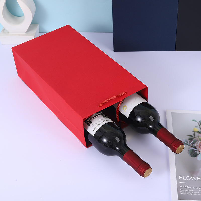 Wholesale Custom logo Eco Friendly Foldable Single Double Bottle Champagne Wine Black Paper Kraft Bag -