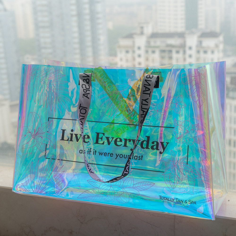 Custom logo printing webbing Handles  Laser Transparent Hologram Clear PVC Tote Bag
