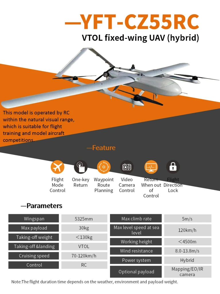 YFT-CZ55RC VTOL Fixed Wing Hybrid Drone for Traning of Surveillance Mapping Monitoring