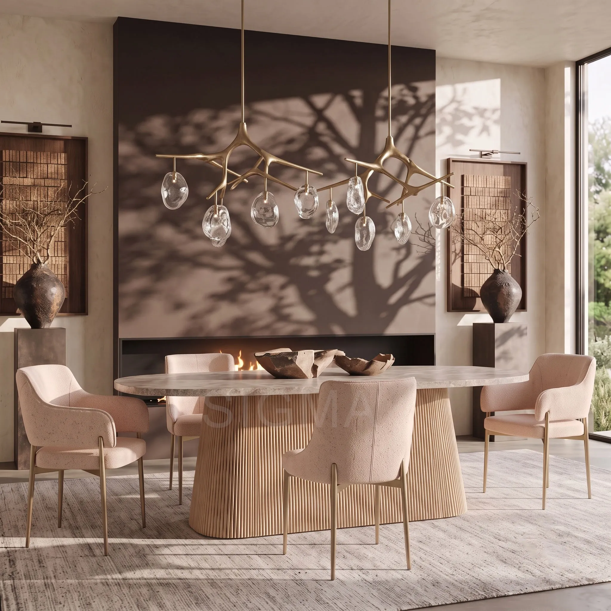 Luxury Italian Carrara Marble Dining Table Set with Brushed Brass Base, 6 Upholstered Chairs – Modern Elegant Dining Furniture