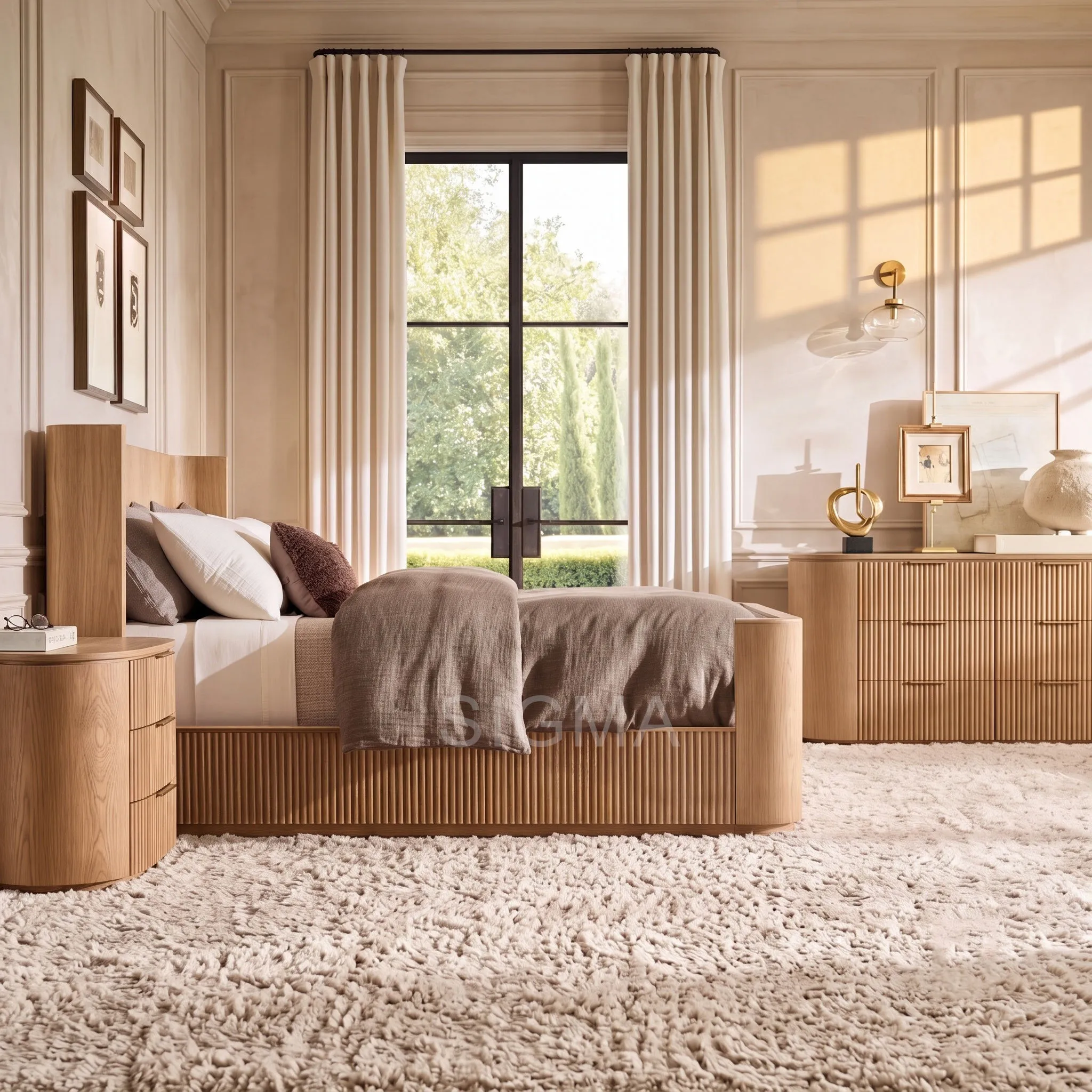 Oak Fluted Bed Frame King Size Double Bed, Low-Profile Platform Bed, Modern Bedroom