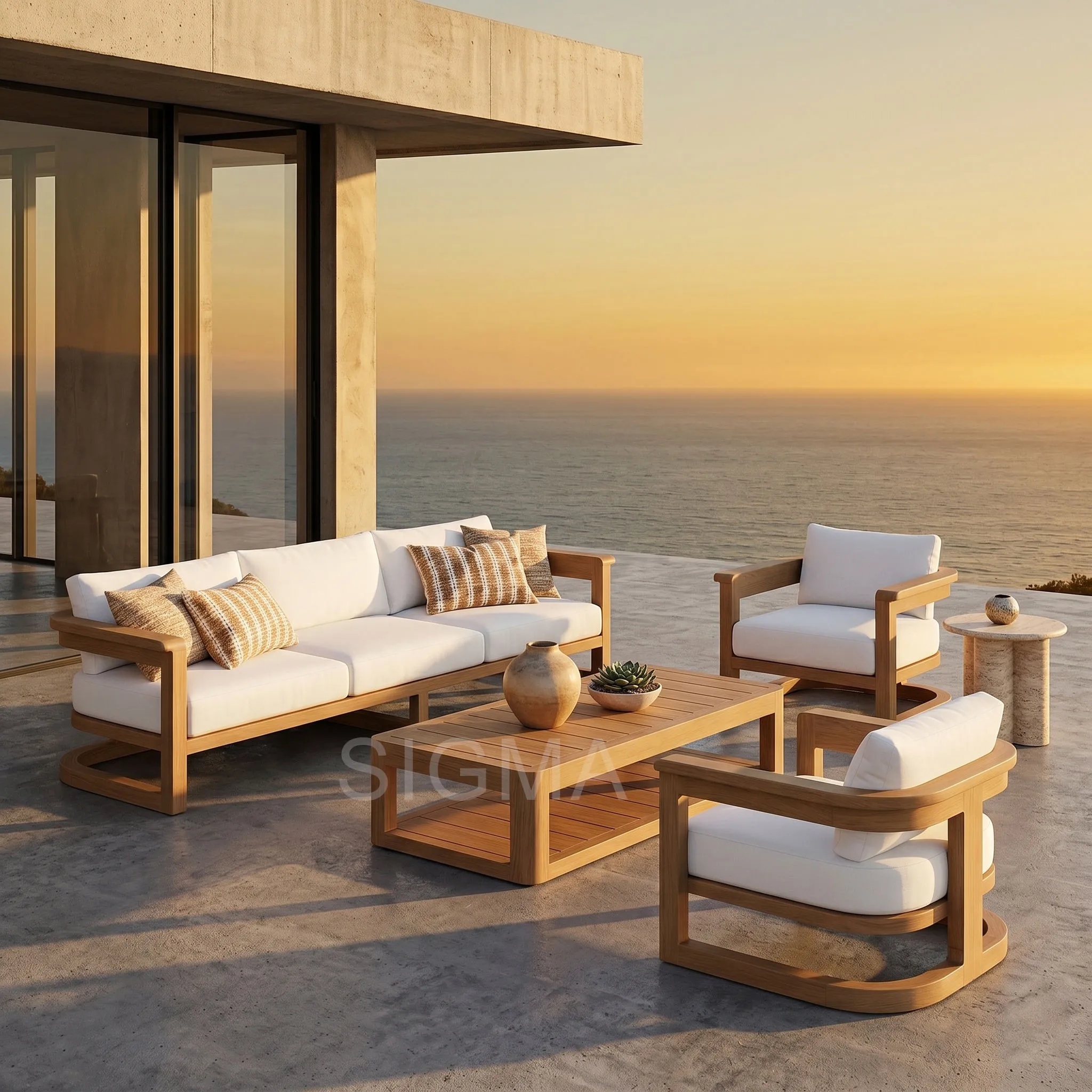 All-Weather Teak Solid Wood Luxury Poolside External Garden Sofa Set, Modern Outdoor Furniture