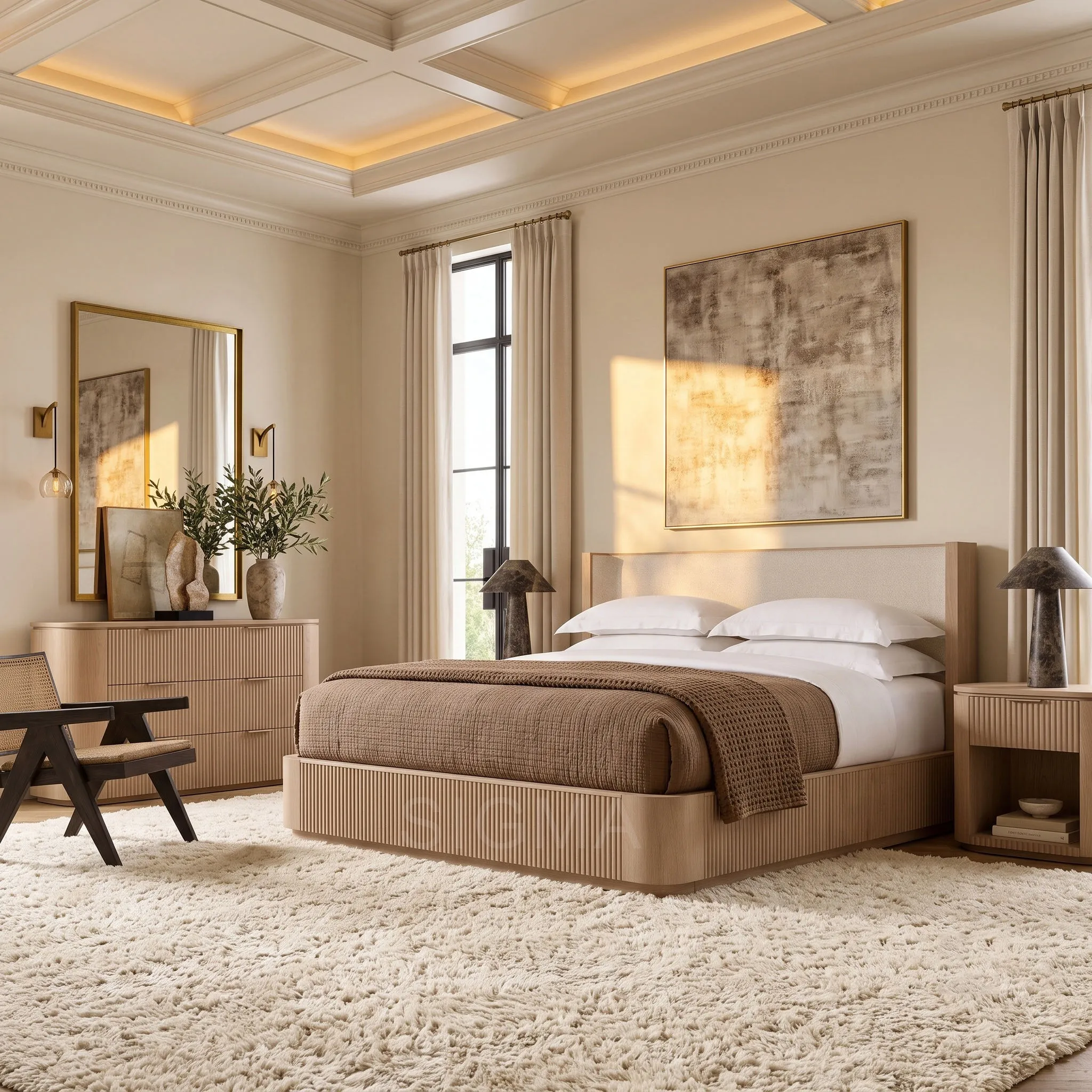 Solid Oak Wood King Bed, Luxury Handmade Platform Bed with Headboard, Natural Finish, Hotel-Style Master Bedroom Furniture