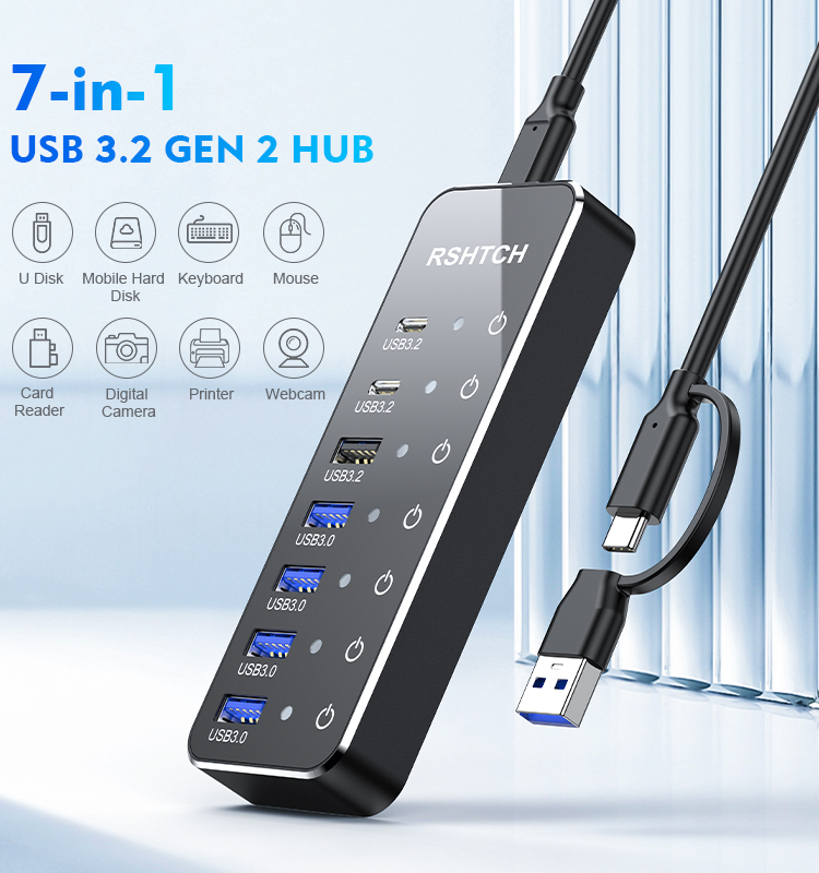 Usb Hub 7 Port RSHTECH 7-Port Powered USB 3.2 Hub - 10Gbps USB-A/C, 4 ...