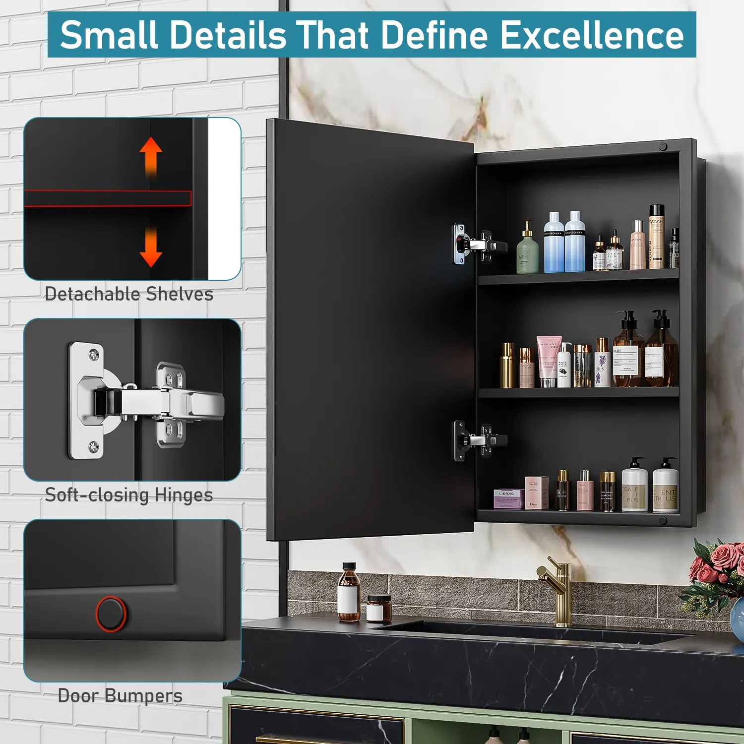 Simple Wall Mirror Cabinet with Storage Space for Domestic Toilet Built-in Metal Bathroom Medicine Cabinet JQ01A-2430BO