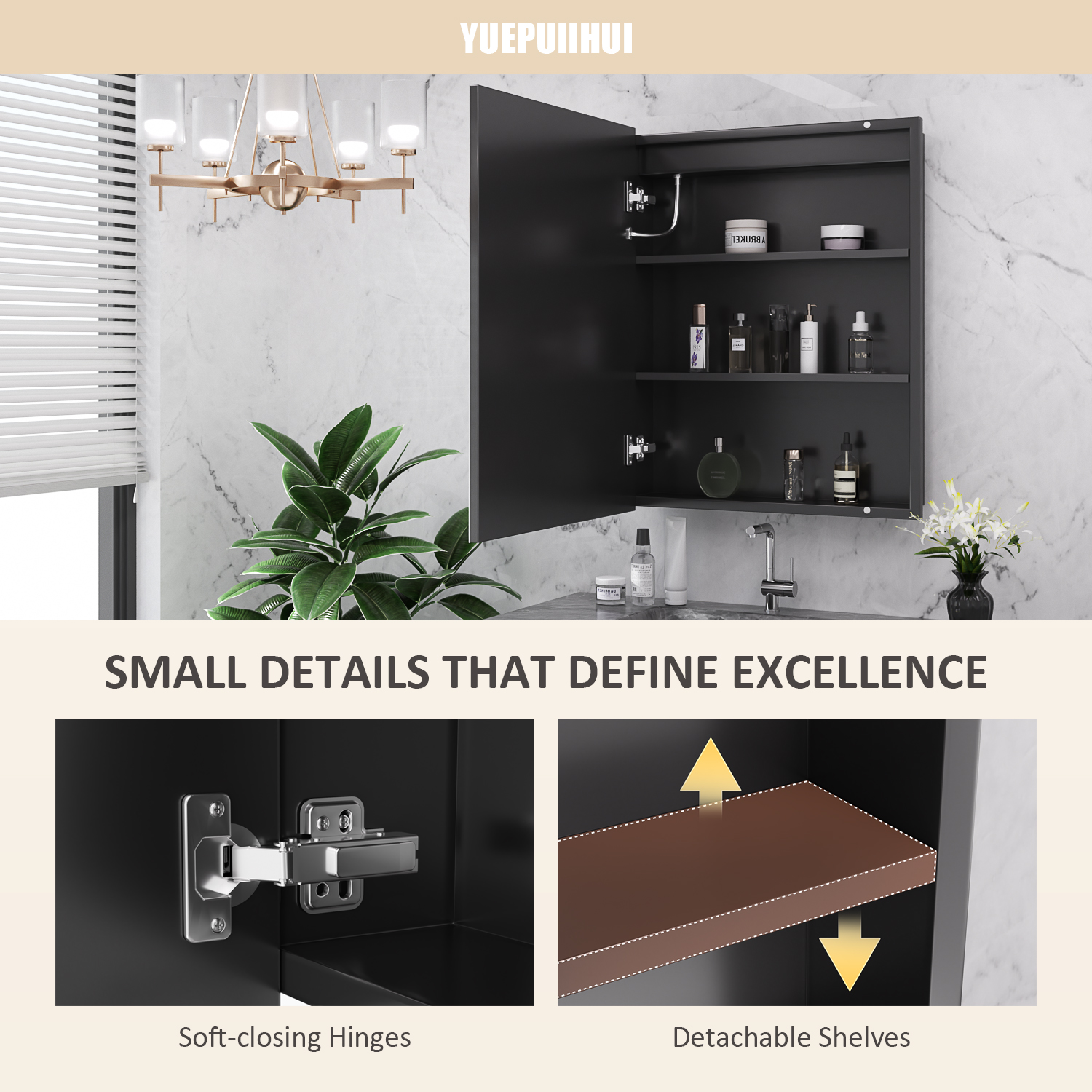 Square LED lit Bathroom Mirror Cabinet with Socket and USB Anti-fog Adjustable Partition Wall Mounted LED Medicine Cabinet JQ02A-2430BO