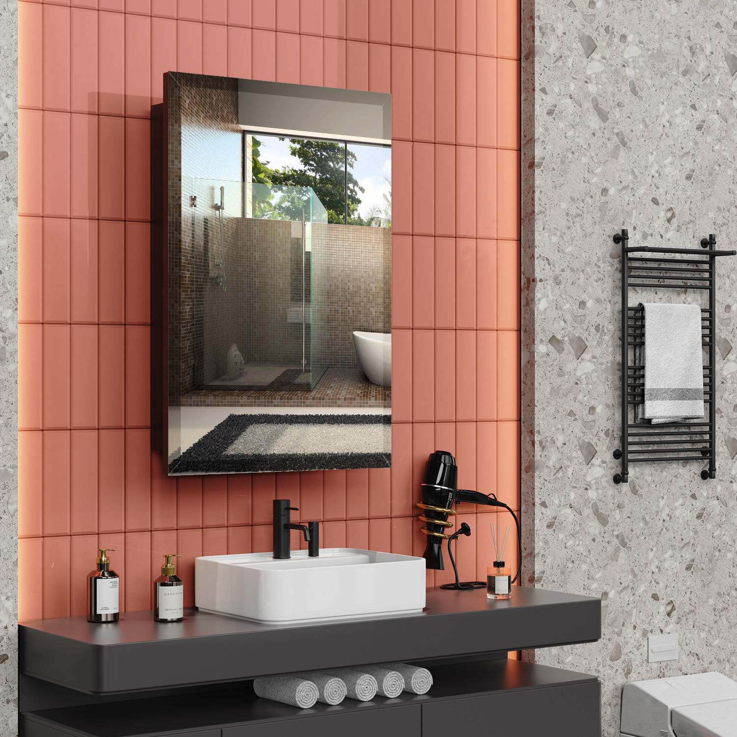 Luxury black medicine cabinet Square right Angle single door built-in medicine cabinet with mirror bathroom wall cabinet JQ01A-1624BO