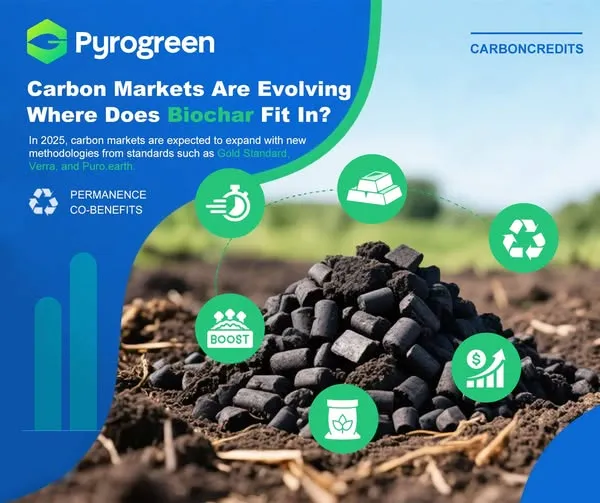 可能是包含下列内容的图片：上面的文字是“Pyrogreen Carbon Markets Are Evolving Where Does Biochar Fit In? CARBONCREDITS In 2025, carbon markets are expected to expand with new methodologies from standards such as Gold Standard, Verra, and Puro earth. PERMANENCE CO-BENEFITS BOOST $ Sele”
