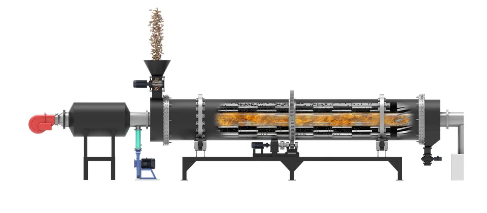 Cutaway of a sawdust lock hopper, screw feeder, purge points and sealed pyrolysis reactor inlet