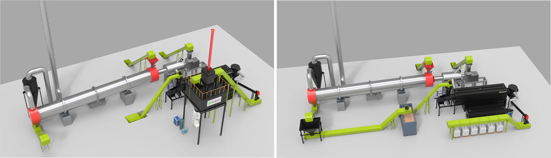 Pyrogreen biomass torrefaction system process flow diagram showing complete biomass-to-biochar conversion with screw conveyor carbonization machine, drying systems, and gas handling equipment