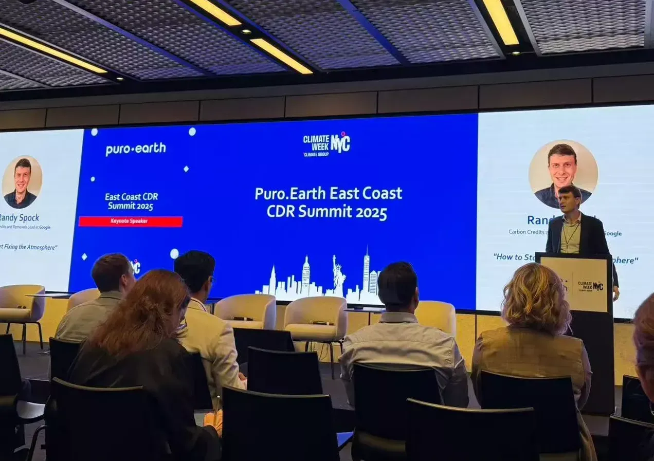 Pyrogreen at Puro.Earth East Coast CDR Summit 2025: Audience listens as keynote speaker Randy Spock presents (our event photo).sents "How to Start Eating the Atmosphere" to audience,