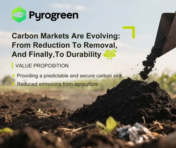 可能是包含下列内容的图片：‎上面的文字是“‎Pyrogreen Carbon Markets Are Evolving: ר From Reduction To Removal, And Finally ,To Durability VALUE PROPOSITION Providing a predictable and secure carbon sink. Reduced emissions from agriculture‎”‎
