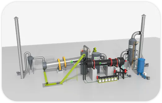 Continuous biochar making machine with a sealed rotary pyrolysis kiln, enclosed cooling screw and char collection container.