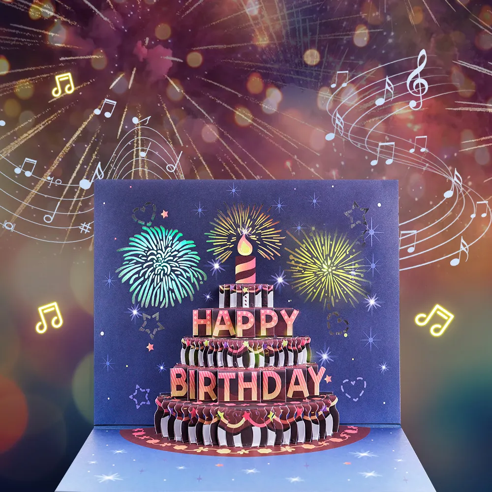 Fireworks Celebration Pop-Up Card with Birthday Cake