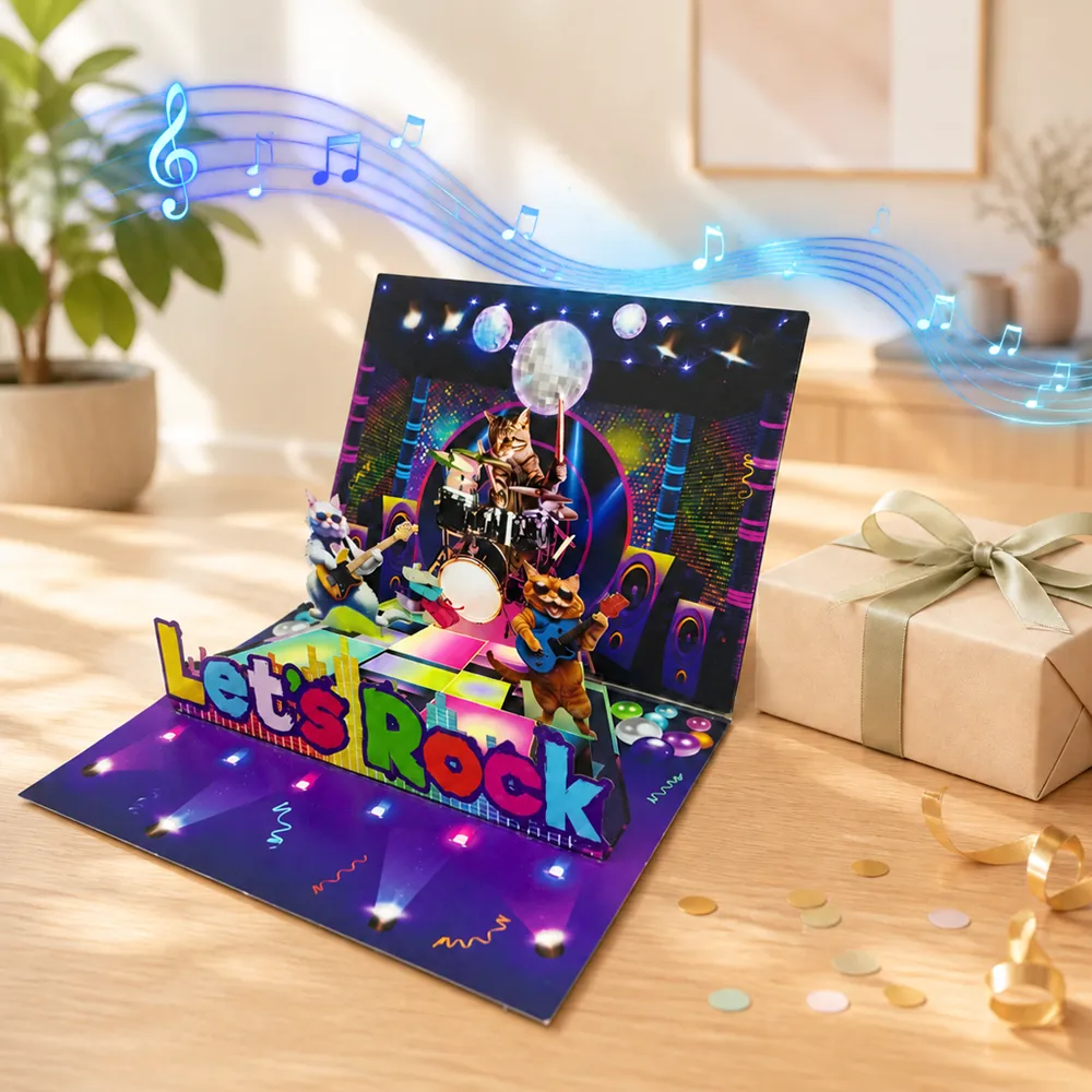 Rock Star Cats Music and Lights Birthday Pop Up Card