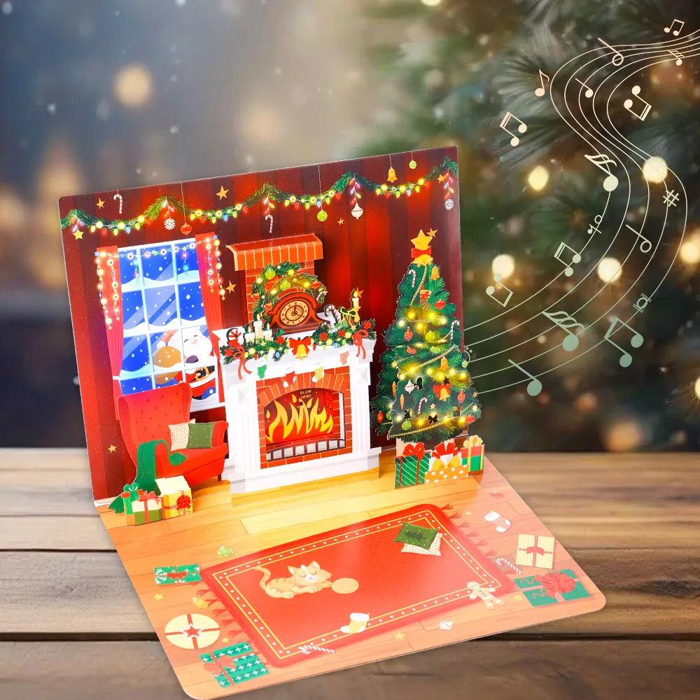 Blowable Fireplace Christmas Pop-Up Card with Light and Music