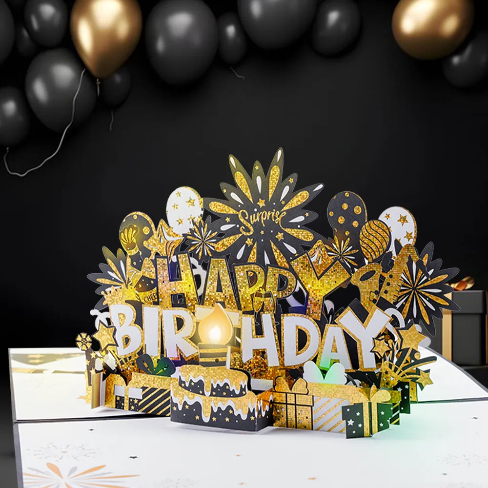 Elegant Black and Gold Happy Birthday Pop-Up Card with Lights and Music