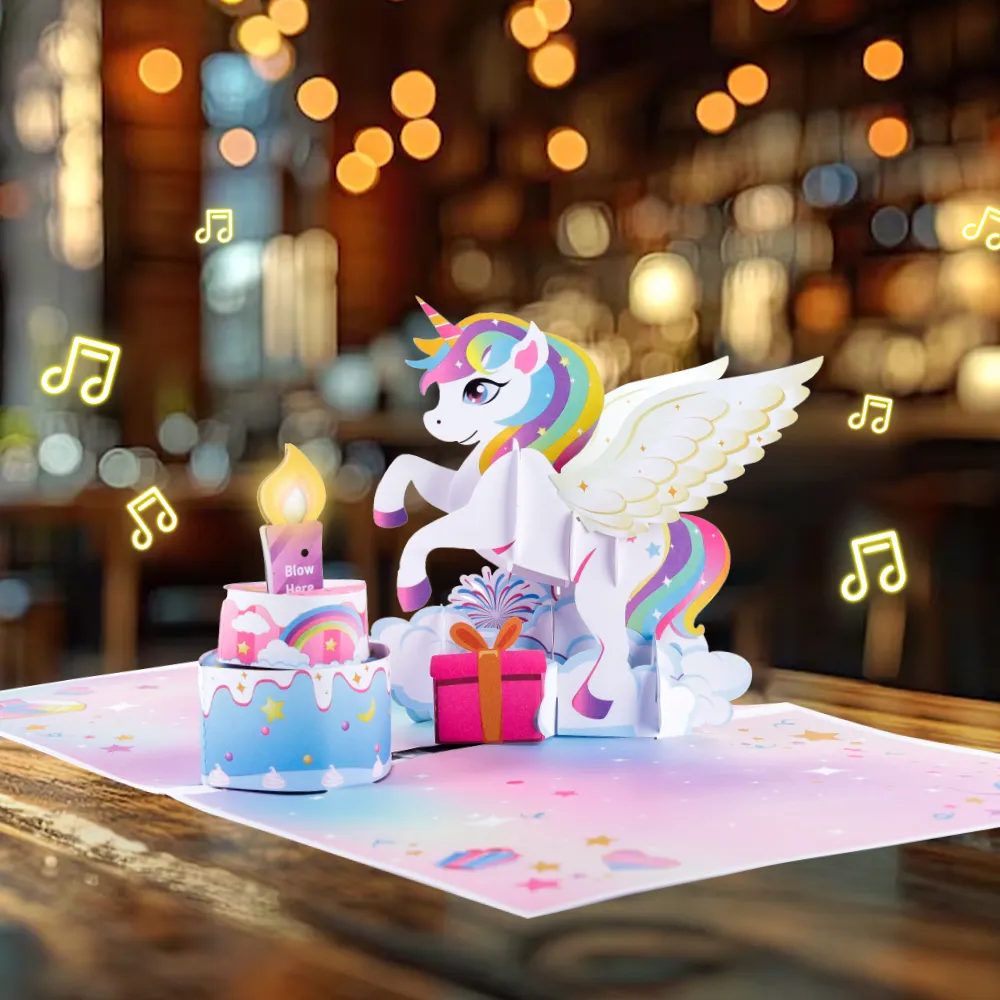 Unicorn Birthday Pop-Up Card with Blow-Out Lights and Music