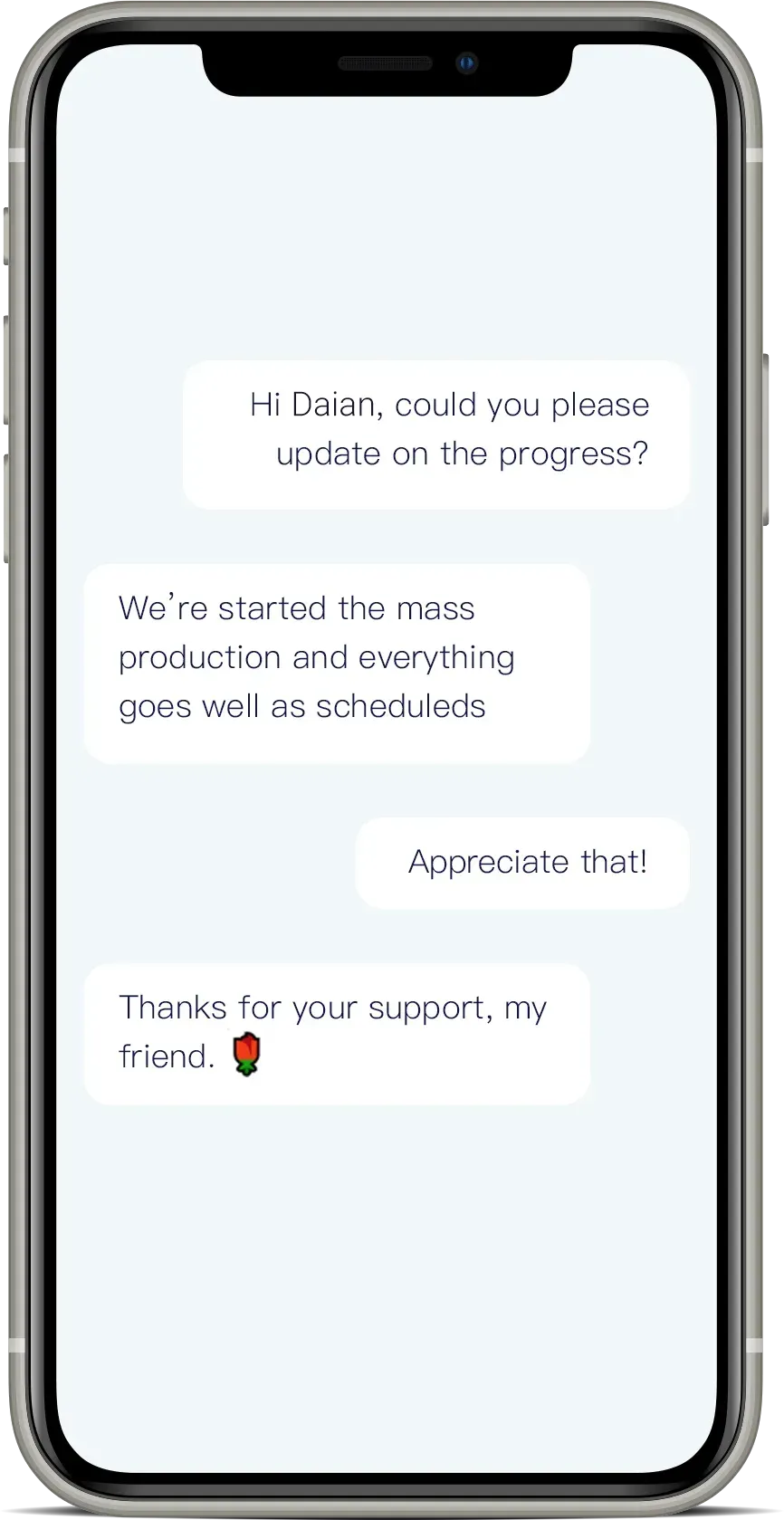 Mockup of a mobile phone showing a conversation about order progress.
