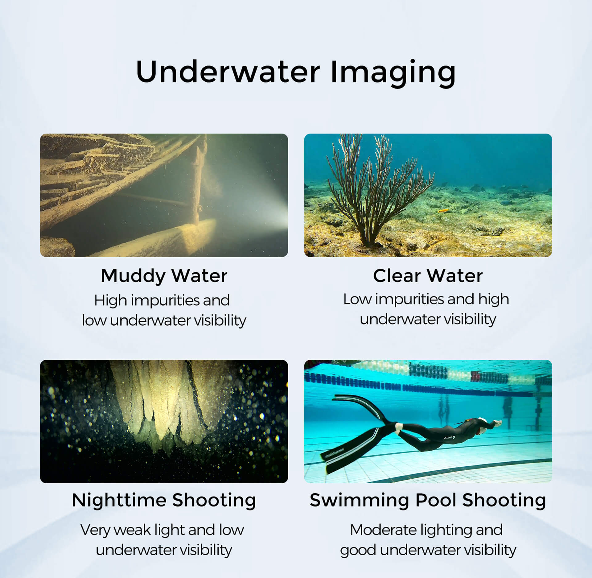 underwater images in murkey water and clean water