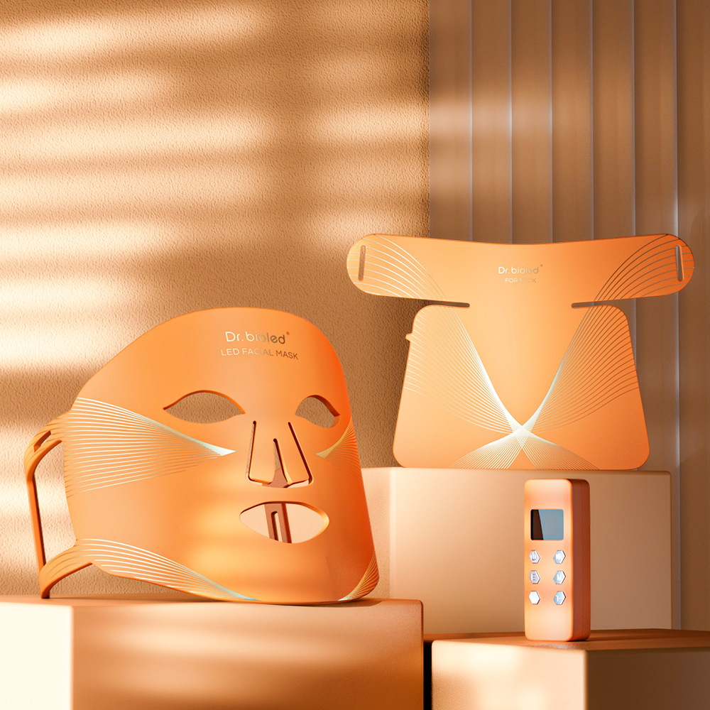 Masque LED en silicone pour le visage et le cou avec thérapie par lumière infrarouge proche et 7 LED