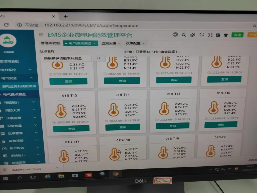 Acrel EMS platform temperature monitoring dashboard