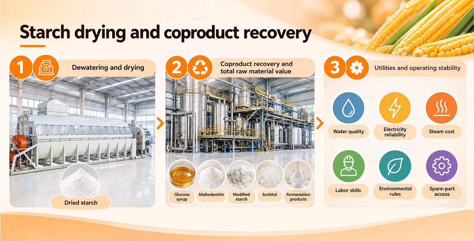 Corn starch production process starch drying and coproduct recovery