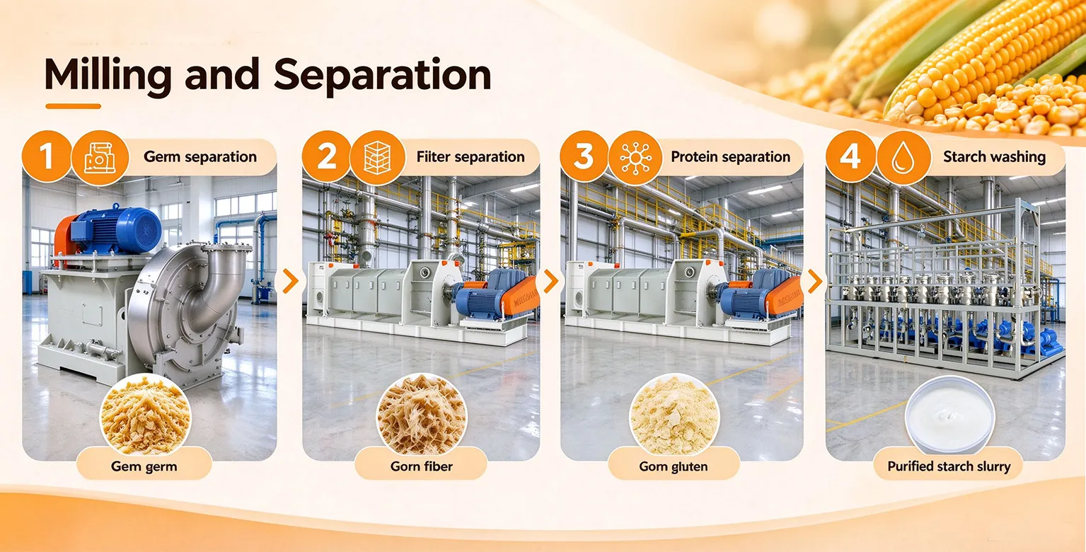 Corn starch production process milling and separation