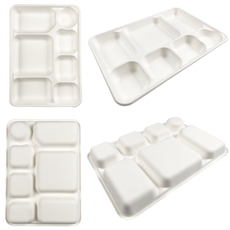 330*230mm 7 Compartment Rectangular Tray PFAS FREE Biodegradable Compostable Disposable Sugarcane Bagasse Pulp Tray
